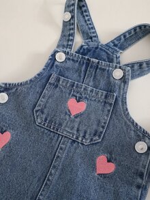 SHEIN 2件組女嬰上衣＋牛仔吊帶褲套裝，甜美粉藍愛心印花、荷葉邊飾、長袖圓領、合身款，生日春季假期獨角獸可愛套裝 - 彩色 - 查看 6
