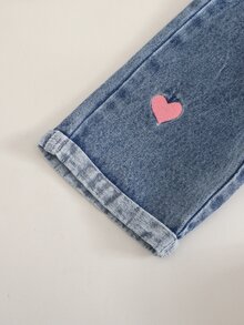 SHEIN 2件組女嬰上衣＋牛仔吊帶褲套裝，甜美粉藍愛心印花、荷葉邊飾、長袖圓領、合身款，生日春季假期獨角獸可愛套裝 - 彩色 - 查看 7