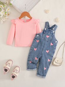 SHEIN Baby Girls Top Denim Overalls Pink Blue Heart Print Ruffle Trim Long Sleeve Round Neck Regular Birthday Autumn Holiday Unicorn Set Family Matching - Multicolor - View 3