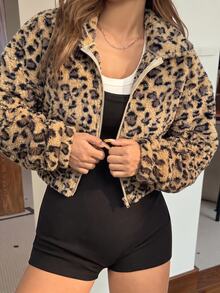 SHEIN EZwear Autumn/Winter Fashion Retro Leopard Print Plush Loose Jacket - Khaki - View 3