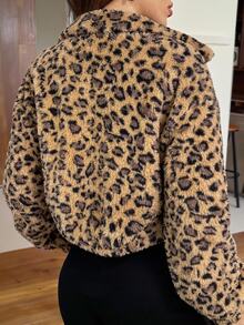 SHEIN EZwear Autumn/Winter Fashion Retro Leopard Print Plush Loose Jacket - Khaki - View 2