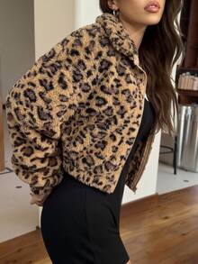 SHEIN EZwear Autumn/Winter Fashion Retro Leopard Print Plush Loose Jacket - Khaki - View 6