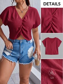 SHEIN EZwear Plus Size Minimalist Textured Pleated Shirt For Vacation - Red - View 3