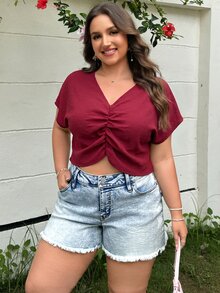 SHEIN EZwear Plus Size Minimalist Textured Pleated Shirt For Vacation - Red - View 4