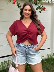 SHEIN EZwear Plus Size Minimalist Textured Pleated Shirt For Vacation - Red - View 5