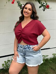 SHEIN EZwear Plus Size Minimalist Textured Pleated Shirt For Vacation - Red - View 6
