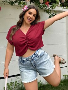 SHEIN EZwear Plus Size Minimalist Textured Pleated Shirt For Vacation - Red - View 1