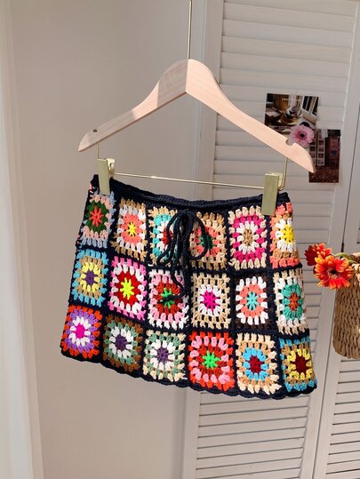 Comfortcana Women Colorful Floral Pattern Mini Knitted Skirt In Fall/Winter