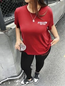 SHEIN EZwear 大尺碼字母印花圓領短袖T恤與長褲2件套 - 紅色 - 查看 6