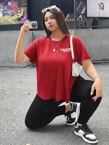 SHEIN EZwear 大尺碼字母印花圓領短袖T恤與長褲2件套 - 紅色 - 查看 4