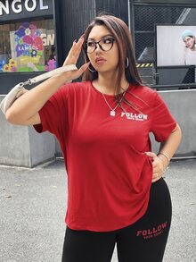 SHEIN EZwear 大尺碼字母印花圓領短袖T恤與長褲2件套 - 紅色 - 查看 5