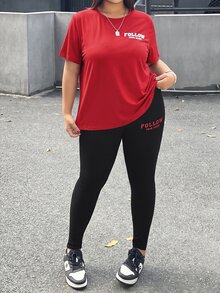 SHEIN EZwear 大尺碼字母印花圓領短袖T恤與長褲2件套 - 紅色 - 查看 3