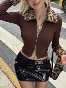 SHEIN EZwear 女款拼接豹紋印花毛領拉鍊夾克 - 棕色 - 查看 5