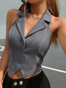 SHEIN EZwear 女款休閒舒適V領無袖深灰色輕量西裝外套，適合秋冬疊穿與春夏外穿 - 深灰色 - 查看 1