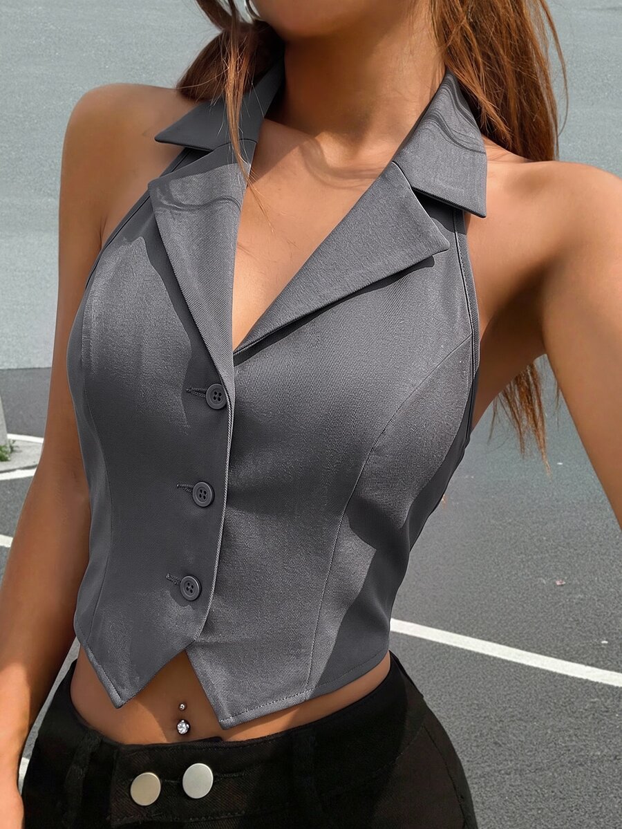 SHEIN EZwear 女款休閒舒適V領無袖深灰色輕量西裝外套,適合秋冬疊穿與春夏外穿 - 深灰色 - 查看 1