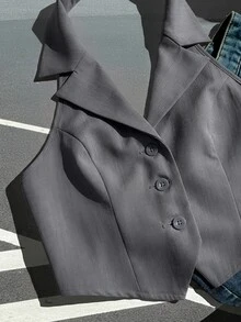 SHEIN EZwear 女款休閒舒適V領無袖深灰色輕量西裝外套，適合秋冬疊穿與春夏外穿 - 深灰色 - 查看 6