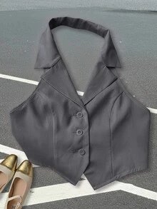 SHEIN EZwear 女款休閒舒適V領無袖深灰色輕量西裝外套，適合秋冬疊穿與春夏外穿 - 深灰色 - 查看 5