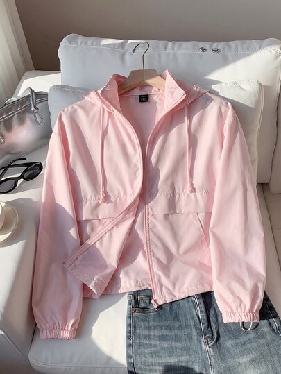 SHEIN EZwear Plus Size Casual Solid Color Hooded Jacket, Spring/Autumn Fall