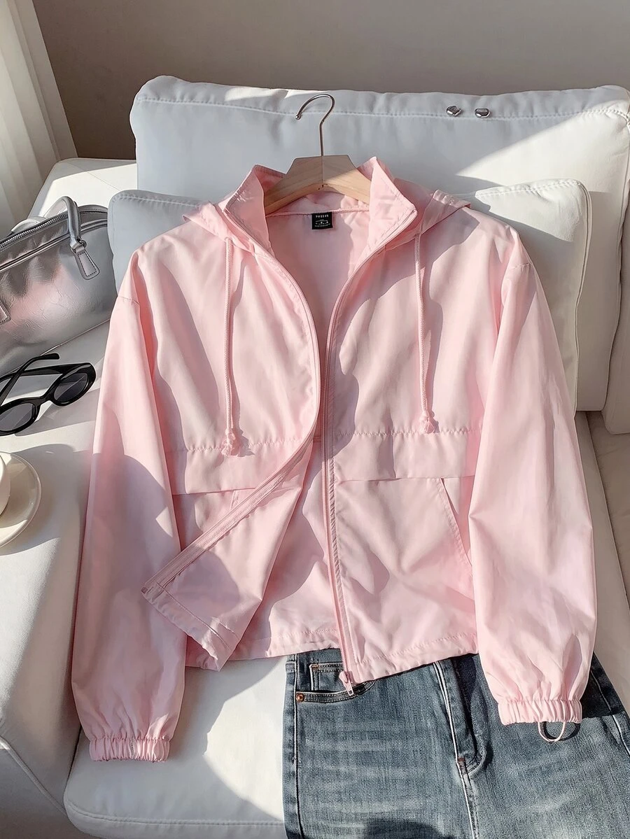 SHEIN EZwear 大尺碼休閒純色連帽夾克,春/秋季 - 粉色 - 查看 1