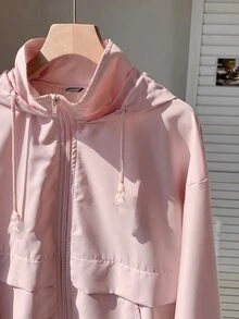 SHEIN EZwear 大尺碼休閒純色連帽夾克，春/秋季 - 粉色 - 查看 6