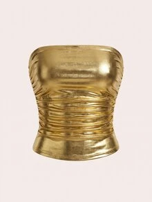 SHEIN EZwear 大尺碼女款高彈性PU材質抽褶腰部抹胸上衣 - 金色 - 查看 1
