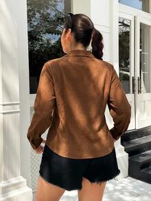 Solflare 大尺碼女款夏秋馬術刺繡圖案休閒襯衫 - 棕色 - 查看 2