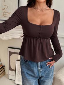 Solflare Plus Size White Square Neck Casual Vacation T-Shirt, Spring/Summer - Brown - View 4