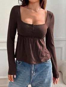 Solflare Plus Size White Square Neck Casual Vacation T-Shirt, Spring/Summer - Brown - View 6