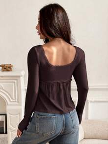 Solflare Plus Size White Square Neck Casual Vacation T-Shirt, Spring/Summer - Brown - View 2