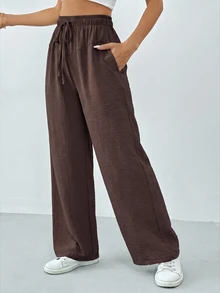 Solflare Plus Size Brown Casual Elegant Drawstring Waist Pocket Long Pants Fall Travel Vacation - Brown - View 8