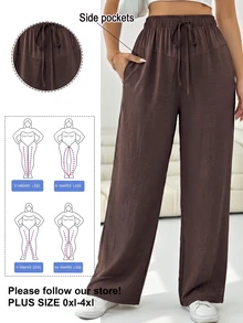 Solflare Plus Size Brown Casual Elegant Drawstring Waist Pocket Long Pants Fall Travel Vacation - Brown - View 6