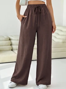 Solflare Plus Size Brown Casual Elegant Drawstring Waist Pocket Long Pants Fall Travel Vacation - Brown - View 1