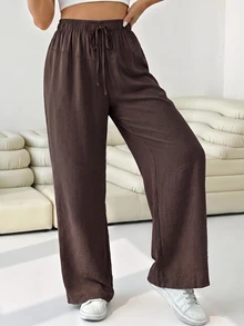 Solflare Plus Size Brown Casual Elegant Drawstring Waist Pocket Long Pants Fall Travel Vacation - Brown - View 3