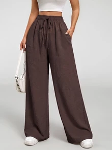 Solflare Plus Size Brown Casual Elegant Drawstring Waist Pocket Long Pants Fall Travel Vacation - Brown - View 5