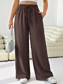 Solflare Plus Size Brown Casual Elegant Drawstring Waist Pocket Long Pants Fall Travel Vacation - Brown - View 7