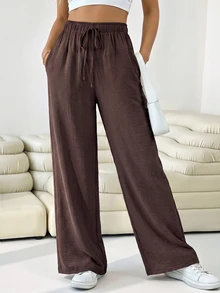 Solflare Plus Size Brown Casual Elegant Drawstring Waist Pocket Long Pants Fall Travel Vacation - Brown - View 4