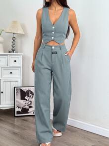 SHEIN EZwear 條紋印花鈕扣前襟背心與長褲套裝 - 墨綠色 - 查看 1
