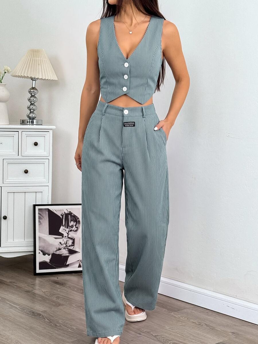 SHEIN EZwear 條紋印花鈕扣前襟背心與長褲套裝 - 墨綠色 - 查看 1