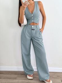 SHEIN EZwear 條紋印花鈕扣前襟背心與長褲套裝 - 墨綠色 - 查看 3