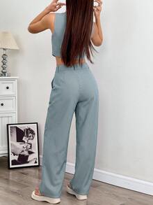 SHEIN EZwear 條紋印花鈕扣前襟背心與長褲套裝 - 墨綠色 - 查看 2