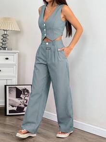 SHEIN EZwear 條紋印花鈕扣前襟背心與長褲套裝 - 墨綠色 - 查看 4