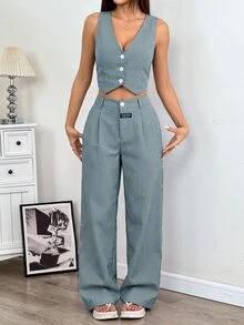 SHEIN EZwear 條紋印花鈕扣前襟背心與長褲套裝 - 墨綠色 - 查看 5