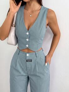SHEIN EZwear 條紋印花鈕扣前襟背心與長褲套裝 - 墨綠色 - 查看 6