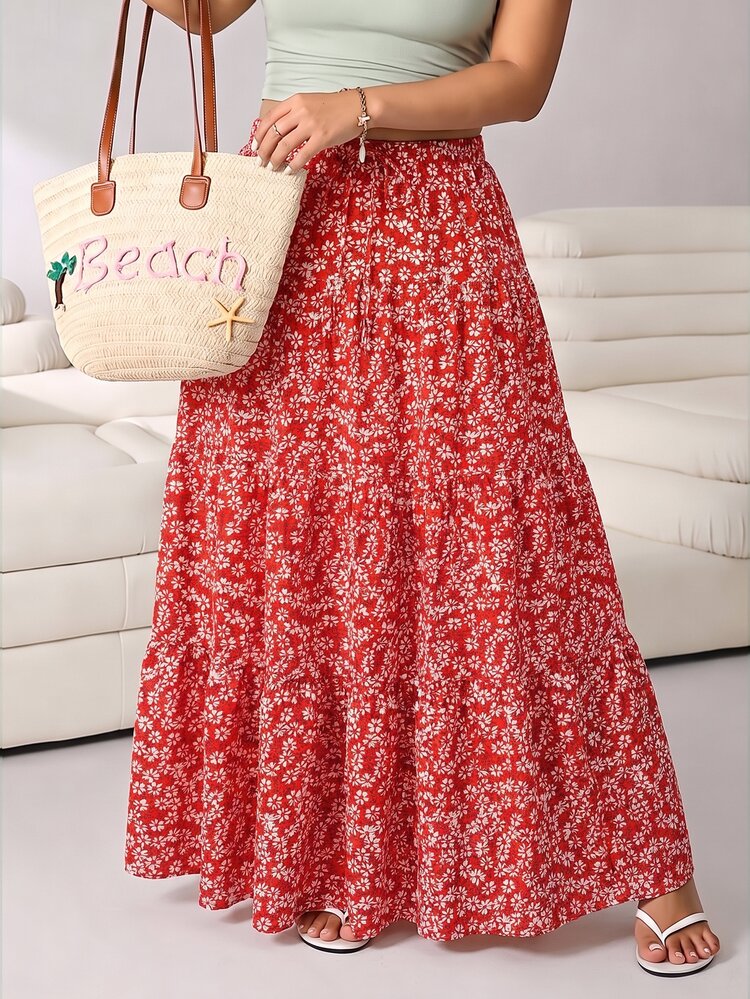 Solflare Red Plus Size Women's Floral Ruffle Hem Skirt Beach Vacation Summer Boho Casual Elegant - Burgundy - View 4