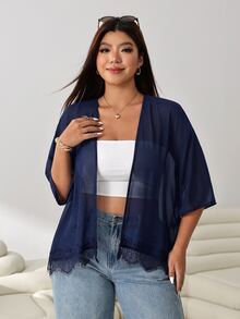 Solflare Plus Size Women's Solid Color 3/4 Sleeve Contrast Lace Hem Open Front Lightweight Jacket Fall - Navy Blue - View 3