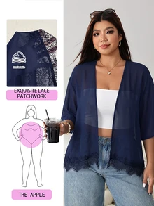 Solflare Plus Size Women's Solid Color 3/4 Sleeve Contrast Lace Hem Open Front Lightweight Jacket Fall - Navy Blue - View 1