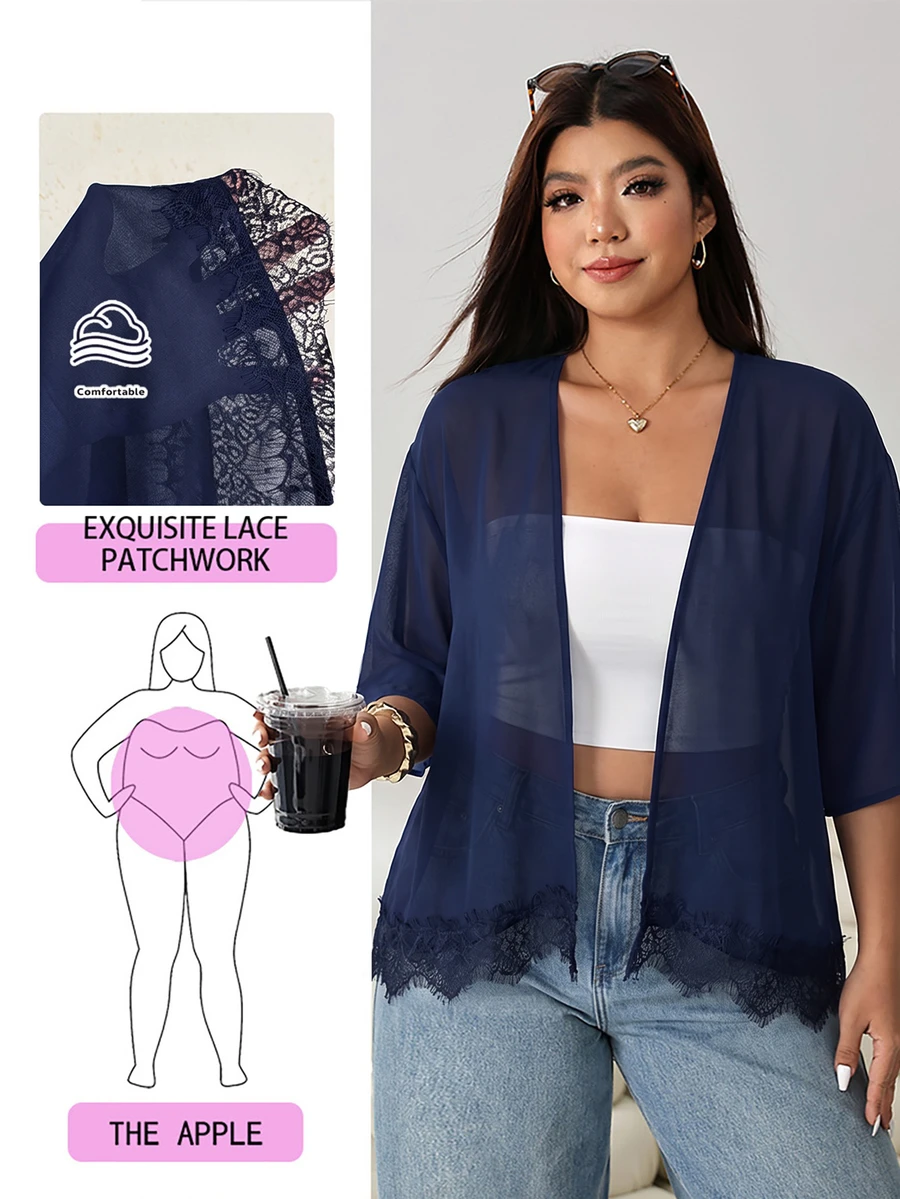 Solflare Plus Size Women's Solid Color 3/4 Sleeve Contrast Lace Hem Open Front Lightweight Jacket Fall - Navy Blue - View 1