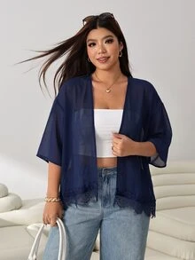 Solflare Plus Size Women's Solid Color 3/4 Sleeve Contrast Lace Hem Open Front Lightweight Jacket Fall - Navy Blue - View 6