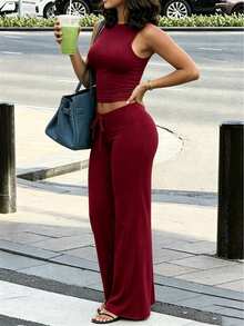 INAWLY Solva Casual Solid Color Tank Top And Pants 2 Pieces Set - Burgundy - View 4