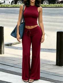INAWLY Solva Casual Solid Color Tank Top And Pants 2 Pieces Set - Burgundy - View 7